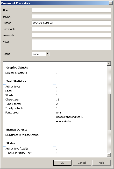 CorelDRAW Document Properties Text Statistics