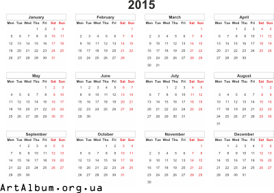Clipart calendar of 2015 in english