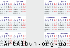 Clipart calendar for 2019 in english